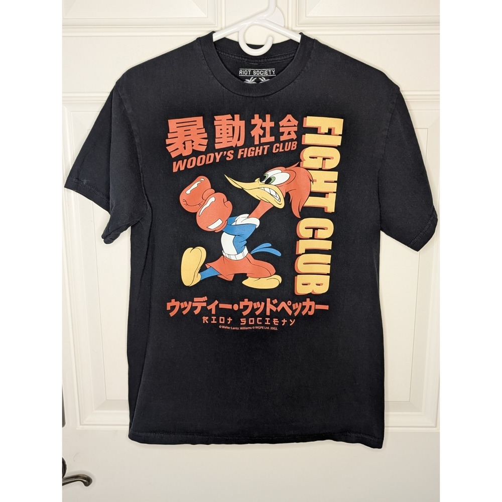 Vintage Woody's Fight Club Riot Society T-Shirt Black Size Medium 2002 EUC